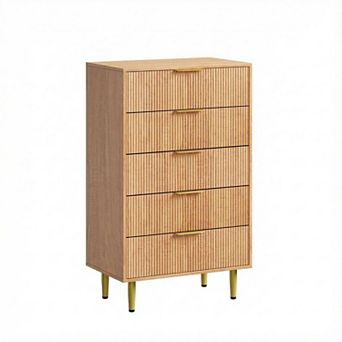 5 Drawer Dresser, Fluted Dresser, Wood Chest of Drawers Storage Organizer w/Metal Handles & Legs