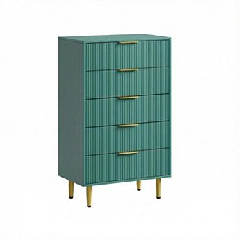 5 Drawer Dresser, Fluted Dresser, Wood Chest of Drawers Storage Organizer w/Metal Handles & Legs
