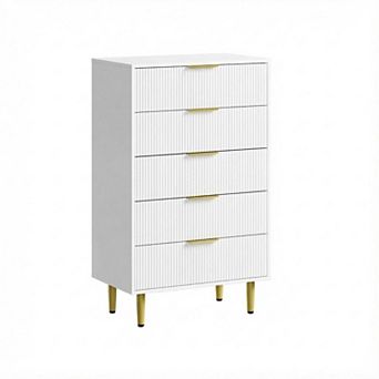 5 Drawer Dresser, Fluted Dresser, Wood Chest of Drawers Storage Organizer w/Metal Handles & Legs