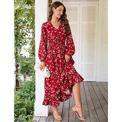Women's Elegant Floral Long Sleeve Swing Flowy Maxi Dress