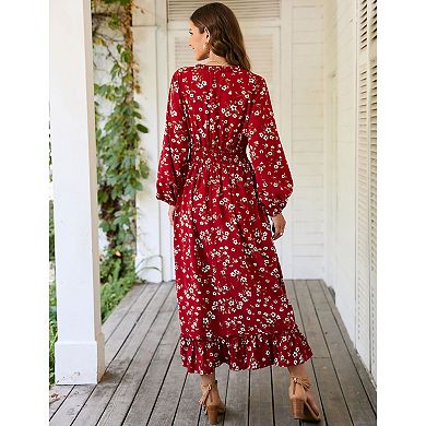 Women's Elegant Floral Long Sleeve Swing Flowy Maxi Dress