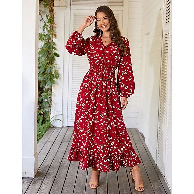 Women's Elegant Floral Long Sleeve Swing Flowy Maxi Dress