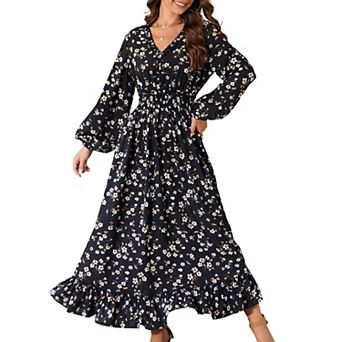 Women's Elegant Floral Long Sleeve Swing Flowy Maxi Dress