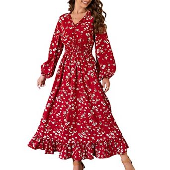 Women's Elegant Floral Long Sleeve Swing Flowy Maxi Dress