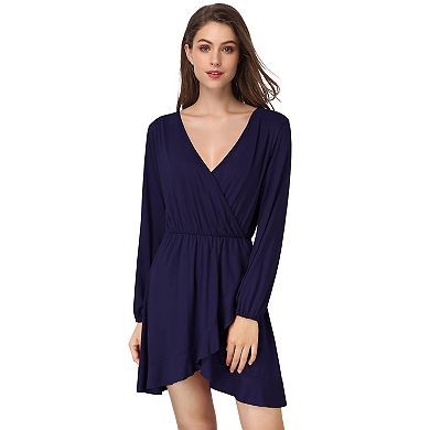 Women Long Sleeve V Neck Solid Wrap Dress
