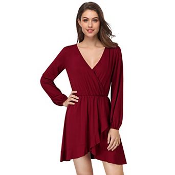 Women Long Sleeve V Neck Solid Wrap Dress