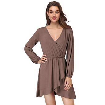 Women Long Sleeve V Neck Solid Wrap Dress