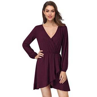 Women Long Sleeve V Neck Solid Wrap Dress