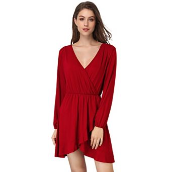 Women Long Sleeve V Neck Solid Wrap Dress