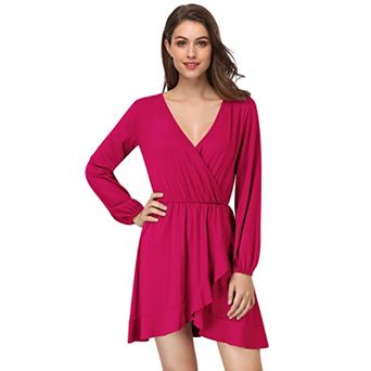 Women Long Sleeve V Neck Solid Wrap Dress