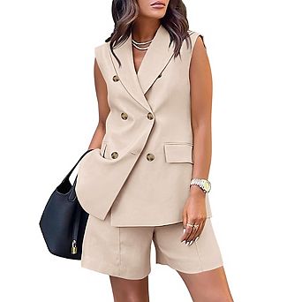 Women's Professional Commute Blazer Set Premium Double-Breasted Short Sleeve Shorts Work Outfit