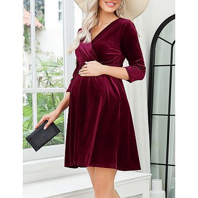 Women Maternity 3/4 Sleeve V Neck Velvet Dress