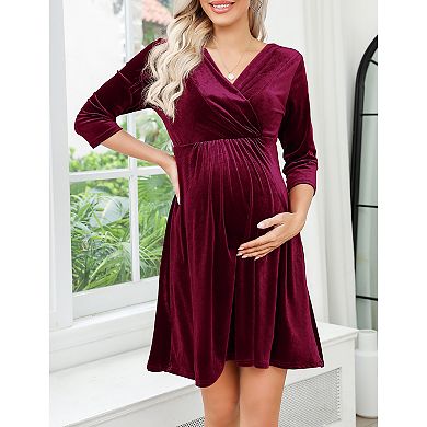 Women Maternity 3/4 Sleeve V Neck Velvet Dress
