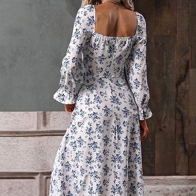 Womens Casual Square Neck Long Sleeve Boho Floral Midi Dress Print Side Split Dresses