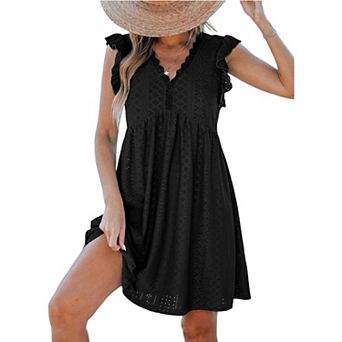 Women's Hollow Out Lace Midi Dress Summer V Neck Cap Flutter Sleeve Cover Up Flowy Ruched Dresses