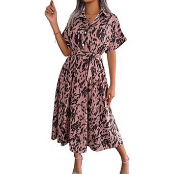 Women's Collar Neck Button Down Tie Waist Shirt Dress