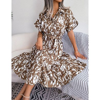 Women's Collar Neck Button Down Tie Waist Shirt Dress