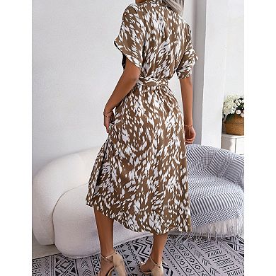 Women's Collar Neck Button Down Tie Waist Shirt Dress