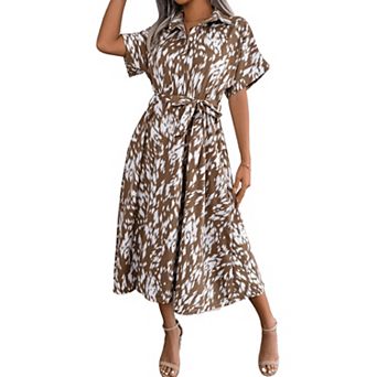 Women's Collar Neck Button Down Tie Waist Shirt Dress