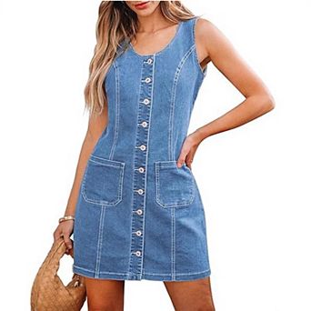 Denim Dresses for Women Sleeveless Stretchy Jean Summer Casual Short Button Down Dress with Pocket