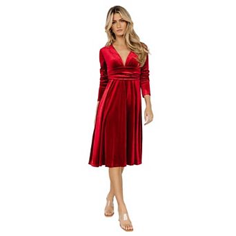 Women's Velvet Dress V Neck Long Sleeve Stretch Wedding Guest Party Cocktail Midi Dress
