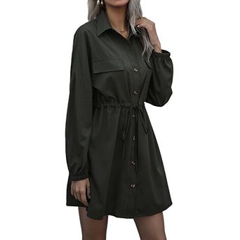 Women Long Sleeve T Shirt Button Down Dress Dressy Causal Lapel Dress Drawstring Waist Skirt