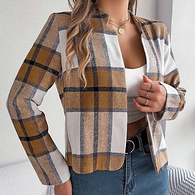 Women's Scottish Plaid Cardigan Buttonless Long Sleeve Vintage Casual Commute Top