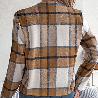 Women's Scottish Plaid Cardigan Buttonless Long Sleeve Vintage Casual Commute Top