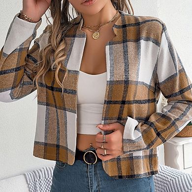 Women's Scottish Plaid Cardigan Buttonless Long Sleeve Vintage Casual Commute Top