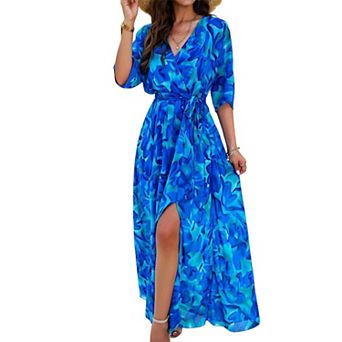 Women's Summer Boho Floral Print Maxi Dress V Neck Half Sleeve High Waist A Line Beach Dresses