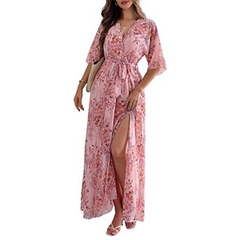 Women's Summer Boho Floral Print Maxi Dress V Neck Half Sleeve High Waist A Line Beach Dresses