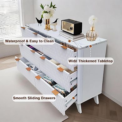 54 in Drip Pattern Six-Drawer Chest w/Faux Marble Top, Farmhouse Dresser, Drawer Storage Organizer