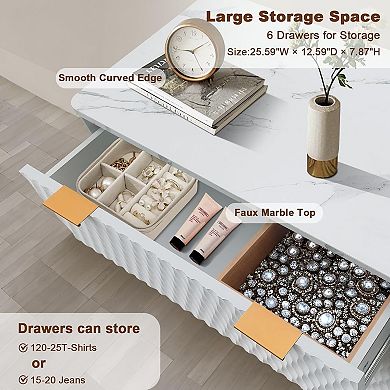 54 in Drip Pattern Six-Drawer Chest w/Faux Marble Top, Farmhouse Dresser, Drawer Storage Organizer