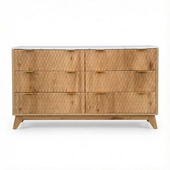 54 in Drip Pattern Six-Drawer Chest w/Faux Marble Top, Farmhouse Dresser, Drawer Storage Organizer