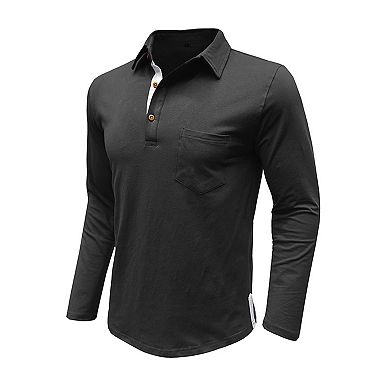 Men's Casual Polo Shirts Classic Button Basic Long Sleeve Shirt Solid Color Tees Stylish Tops