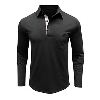 Men's Casual Polo Shirts Classic Button Basic Long Sleeve Shirt Solid Color Tees Stylish Tops