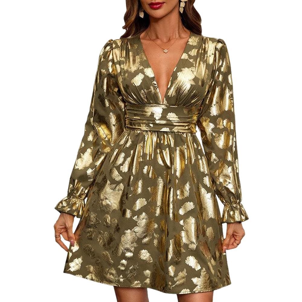 Женские платья Luxury Evening Party Dress V-Neck Gold Foil Slim Fit Hem Fashion Cocktail Dress