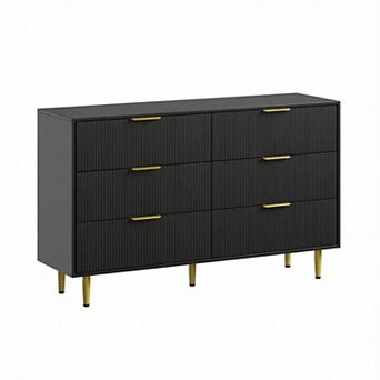 56 in Wide Fluted Dresser for Bedroom w/6 Drawers, Wooden Chest of Drawers with Metal Handle & Feet