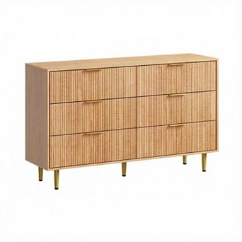 56 in Wide Fluted Dresser for Bedroom w/6 Drawers, Wooden Chest of Drawers with Metal Handle & Feet