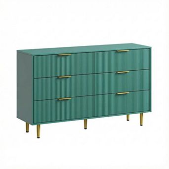 56 in Wide Fluted Dresser for Bedroom w/6 Drawers, Wooden Chest of Drawers with Metal Handle & Feet