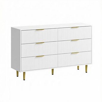 56 in Wide Fluted Dresser for Bedroom w/6 Drawers, Wooden Chest of Drawers with Metal Handle & Feet