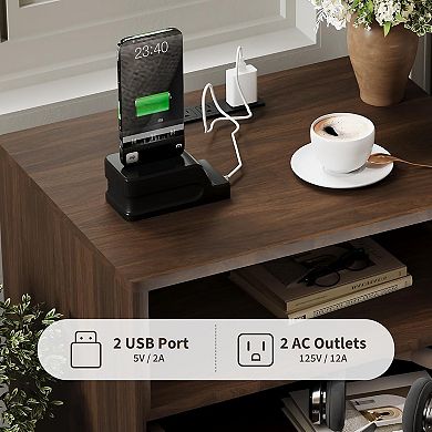 Modern Fluted Nightstand Set of 2 with USB Charging Station - Wood Bedside Table