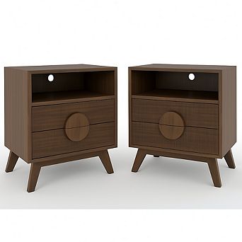 Modern Fluted Nightstand Set of 2 with USB Charging Station - Wood Bedside Table