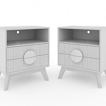 Modern Fluted Nightstand Set of 2 with USB Charging Station - Wood Bedside Table