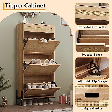 Rattan Shoe Cabinet,Narrow Shoe Rack with Adjustable Shelf,Freestanding Shoe Storage Organizer