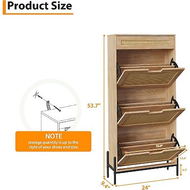 Rattan Shoe Cabinet,Narrow Shoe Rack with Adjustable Shelf,Freestanding Shoe Storage Organizer
