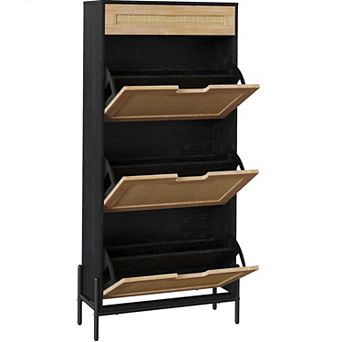 Rattan Shoe Cabinet,Narrow Shoe Rack with Adjustable Shelf,Freestanding Shoe Storage Organizer