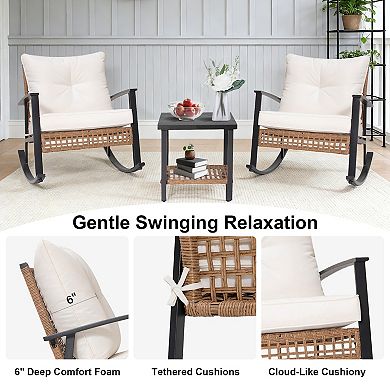 3-Piece Wicker Patio Bistro Set with Thick Cushions 2 Rocking Swivel Chairs Coffee Table