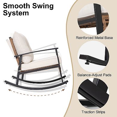 3-Piece Wicker Patio Bistro Set with Thick Cushions 2 Rocking Swivel Chairs Coffee Table