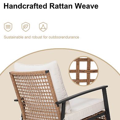 3-Piece Wicker Patio Bistro Set with Thick Cushions 2 Rocking Swivel Chairs Coffee Table